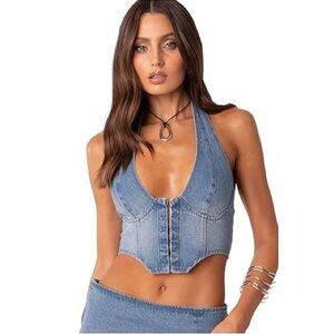 Edikted Blue Denim Halter Crop Top